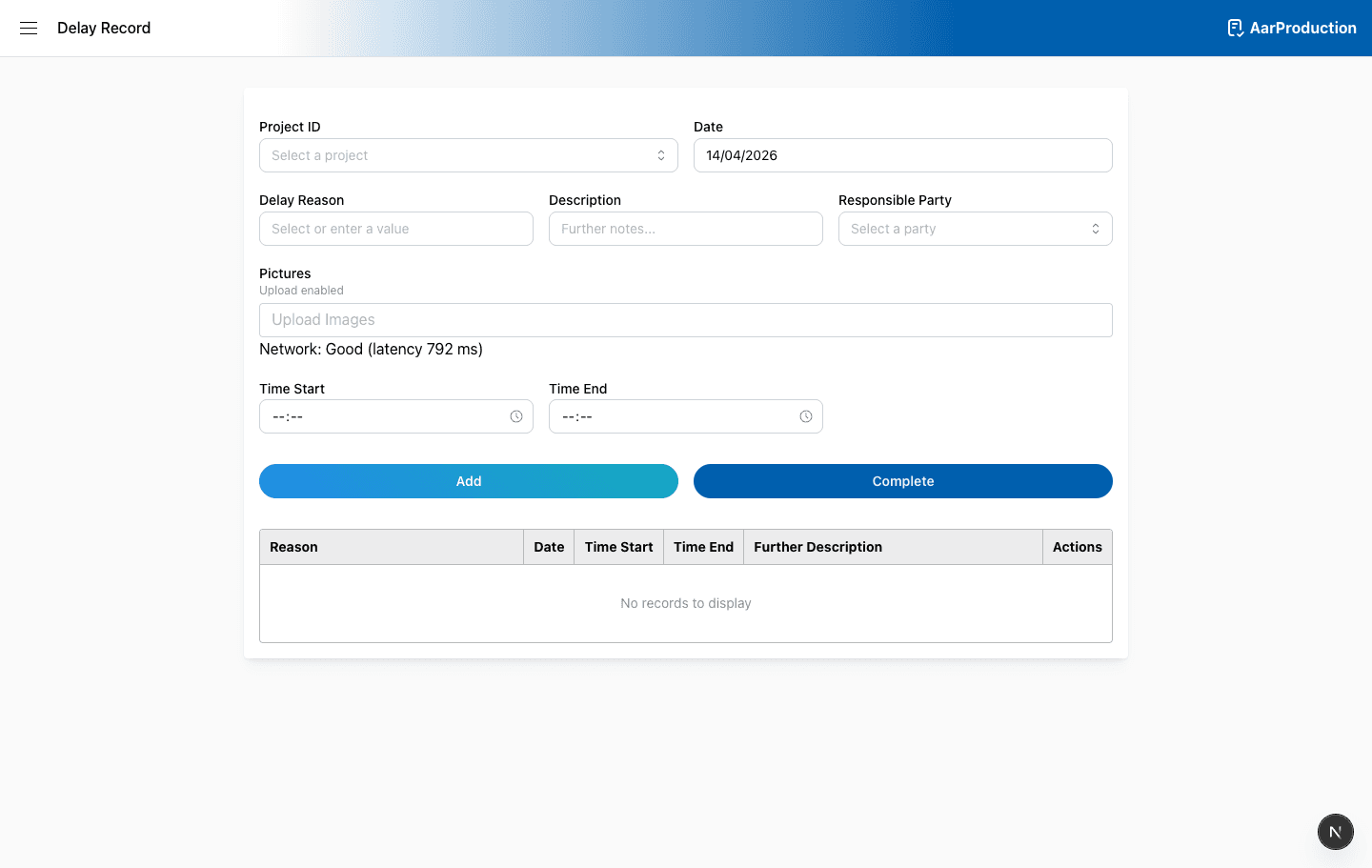 The Delay Record page with project selection, delay details, upload status, and the saved entries table.