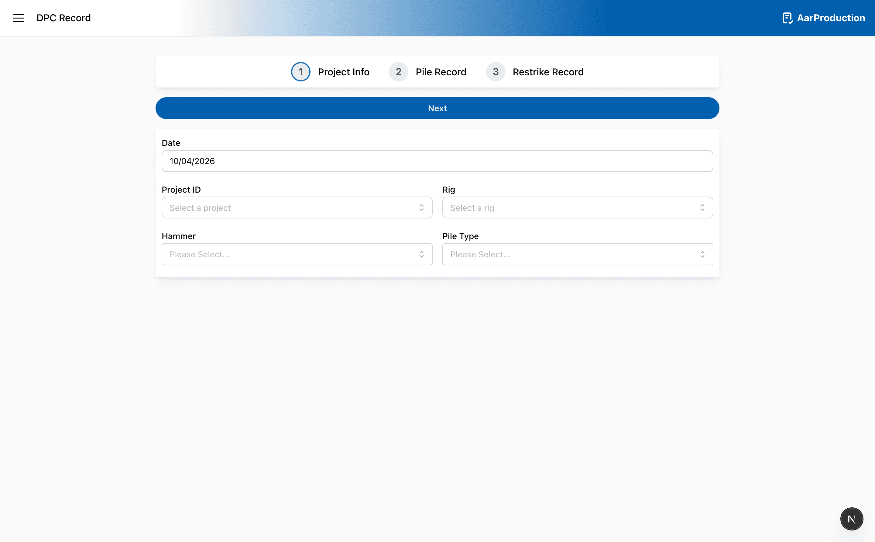 The DPC Record page is a step-based form for driven pile installation records.