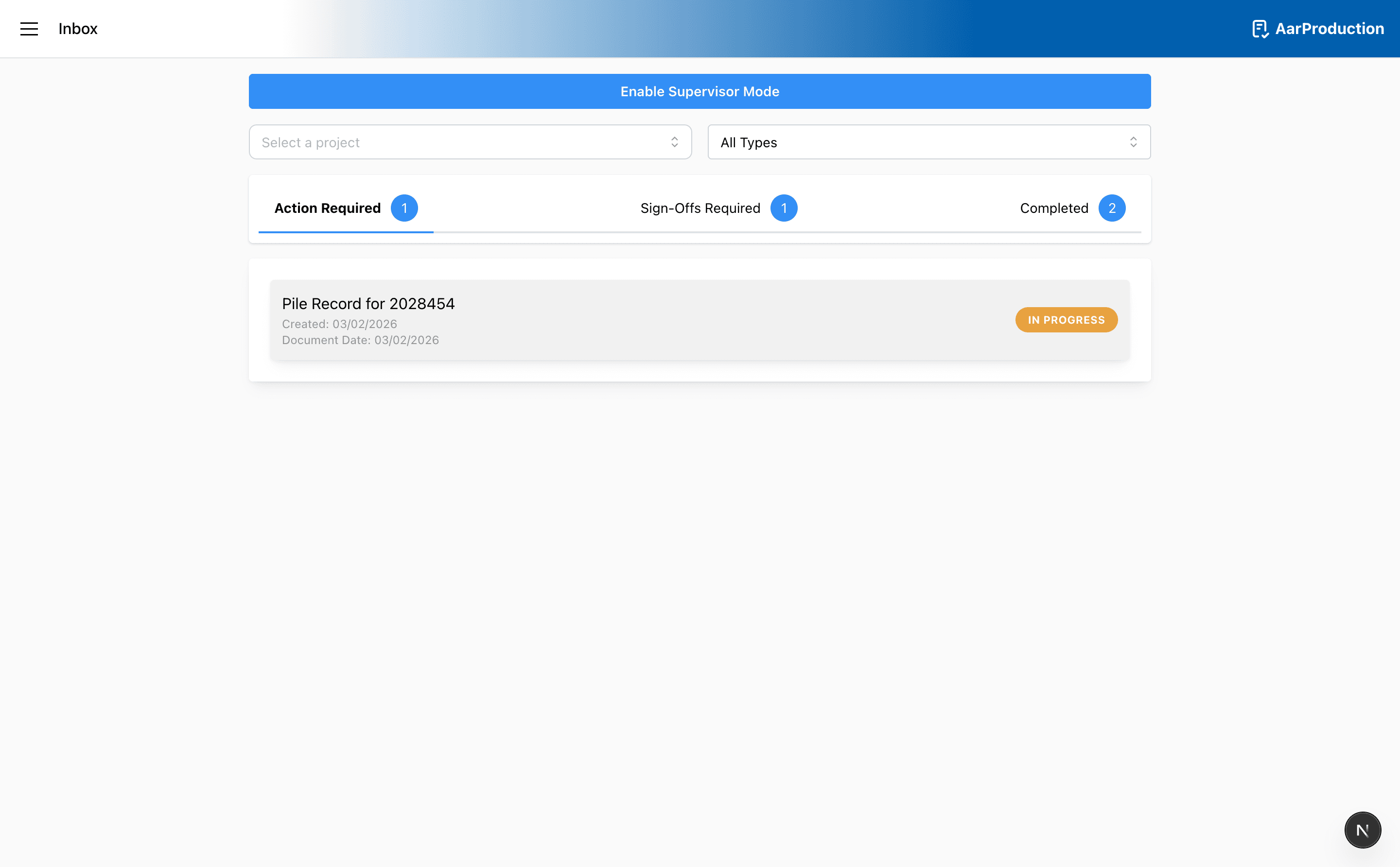 The inbox combines job filtering, type filtering, and status tabs so you can find the right record quickly.
