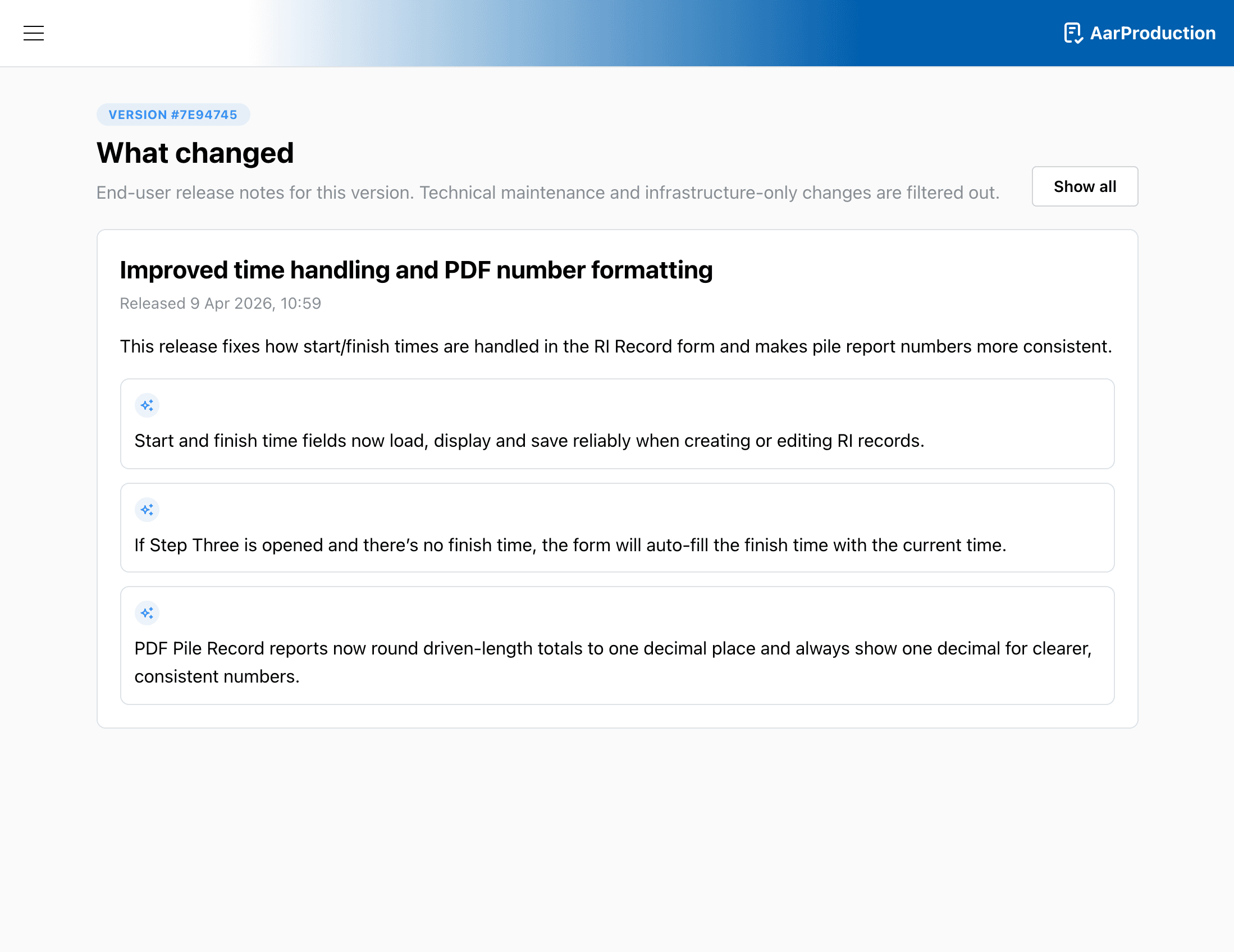 Release history lists user-facing updates and lets you open a release entry for more detail.