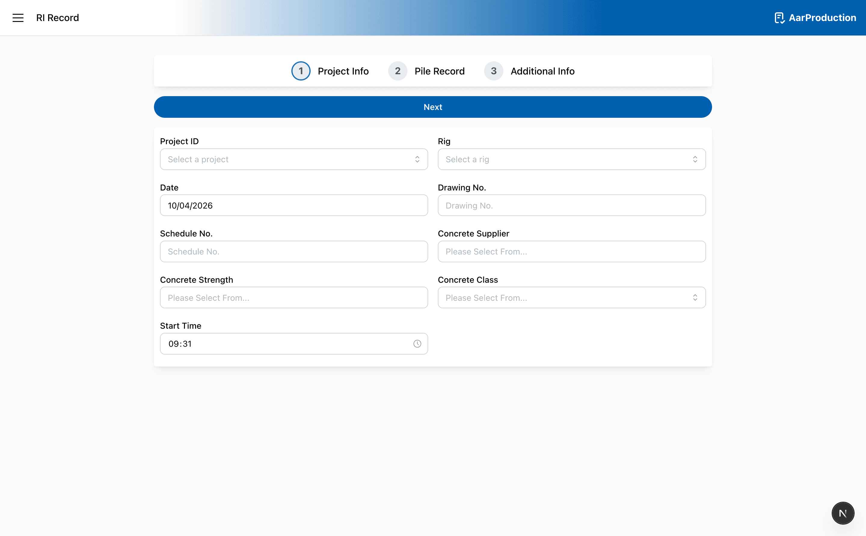 RI Record uses a stepped workflow so you can move from setup to installed piles and completion details.